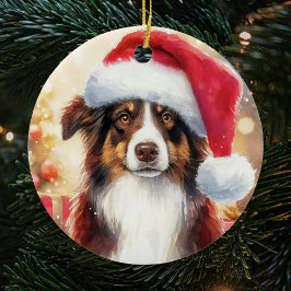 Bruine grens Collie Santa Hat Kerstmis Keramisch Ornament