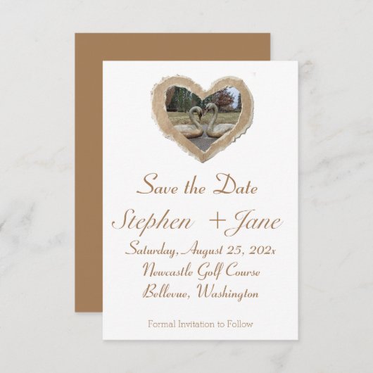 Bruine grens Zwan in hart Bespaar de datum Kaart (Voorkant / Achterkant)