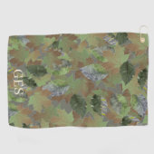 Bruine Grijze Bladeren Aangepaste Monogram of Naam Golfhanddoek (Horizontaal)