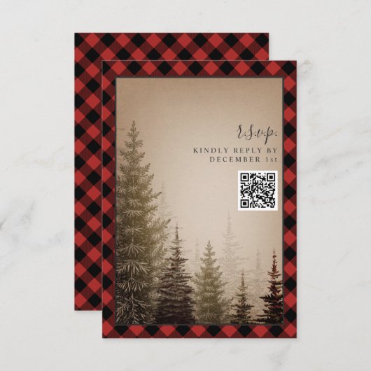 Bruine Groene Boom Rustieke Plaid Trouw QR Code RSVP Kaartje (Voorkant / Achterkant)