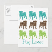 Bruine, groene en Blauwgroen Paisley Pugs Briefkaart (Voorkant / Achterkant)