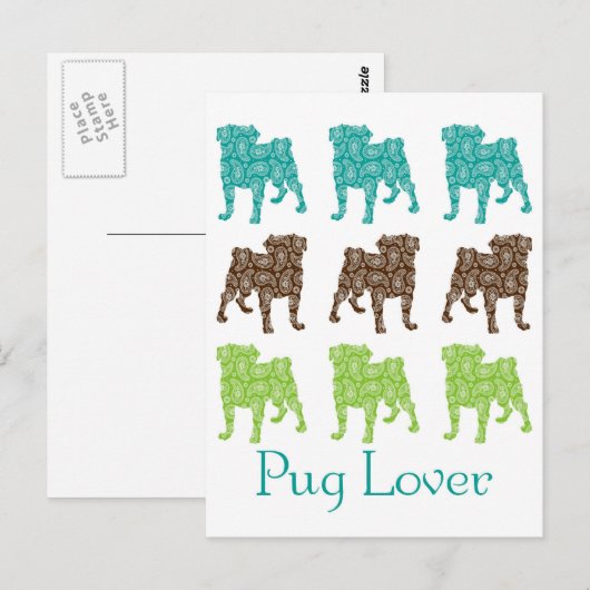 Bruine, groene en Blauwgroen Paisley Pugs Briefkaart (Voorkant / Achterkant)