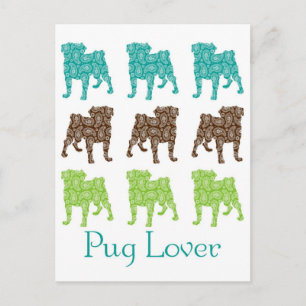 Bruine, groene en Blauwgroen Paisley Pugs Briefkaart