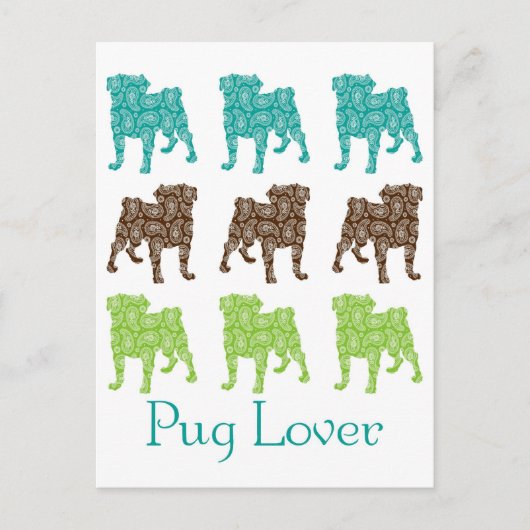 Bruine, groene en Blauwgroen Paisley Pugs Briefkaart (Voorkant)