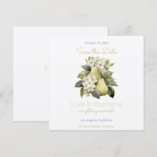 Bruine & groene peervierkante save the date-kaarte save the date (Voorkant / Achterkant)