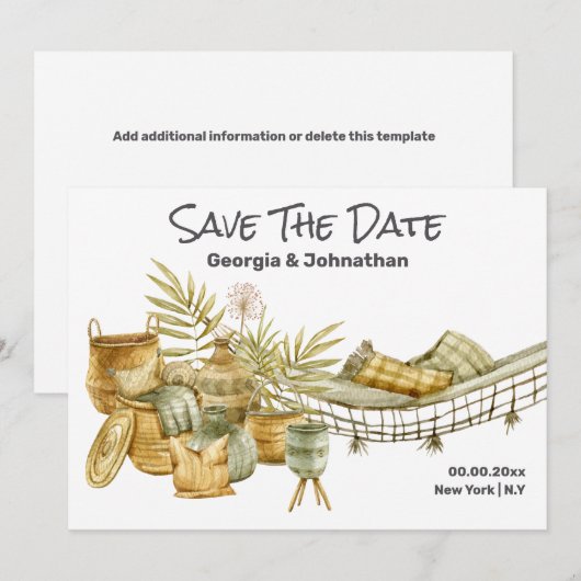 Bruine groene zomerhammock boho chic planten save the date (Voorkant / Achterkant)