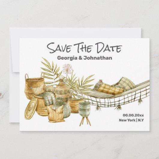 Bruine groene zomerhangmat boho chic planten save the date (Voorkant)