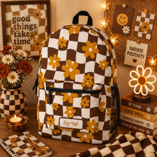 Bruine Groovy Madeliefjes Bloemen Schachbrett Bedrukte Rugzak