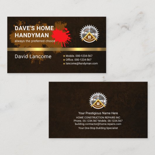 Bruine Grunge Paint Splatter Gouden Hamer Visitekaartje (Voorkant / Achterkant)