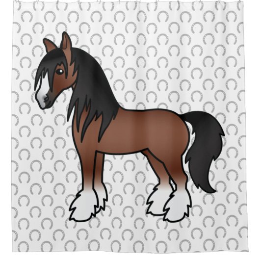 Bruine Gypsy Vanner Clydesdale Shire Cartoon Horse Douchegordijn (Voorkant)