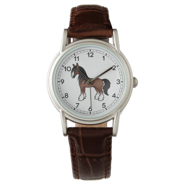 Bruine Gypsy Vanner Clydesdale Shire Cartoon Horse Horloge (Voorkant)