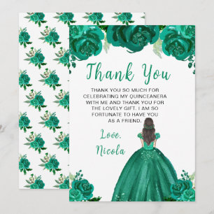 Bruine Haar Prinses Groen Bloemstuk Quinceanera Bedankkaart