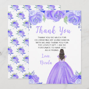 Bruine Haar Prinses Paarse Bloem Quinceanera Bedankkaart