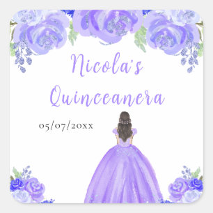 Bruine Haar Prinses Paarse Bloem Quinceanera Vierkante Sticker