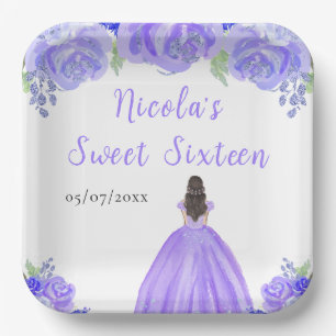 Bruine Haar Prinses Paarse Bloemige Sweet Sixteen Papieren Bordje