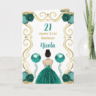 Bruine haarprinses Blauwgroen Happy Birthday Kaart
