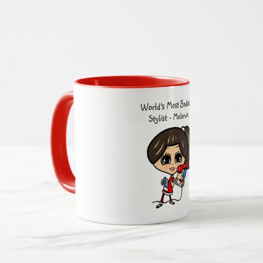 Bruine haarspecialist karikatuur mok gepersonalise (Voorkant links)