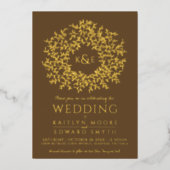 Bruine hand getrokken blad monogram kunst gouden b folie uitnodiging (Voorkant)