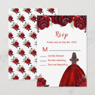 Bruine haren Prinses Rode Bloemige Quinceanera RSVP Kaartje