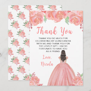 Bruine Haren Prinses Roze Bloemige Quinceanera Bedankkaart