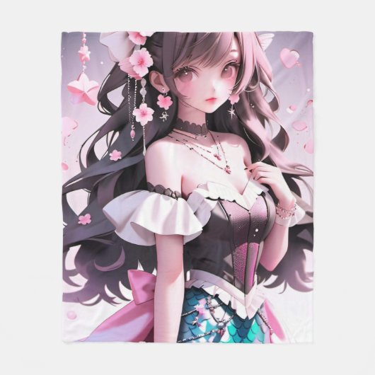 Bruine harige zeemeermin met roze bloemen in haar fleece deken (Voorkant)