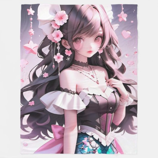 Bruine harige zeemeermin met roze bloemen in haar fleece deken (Voorkant)