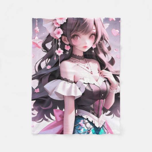 Bruine harige zeemeermin met roze bloemen in haar fleece deken (Voorkant)