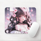 Bruine harige zeemeermin met roze bloemen in haar  muismat (Met muis)