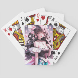 Bruine harige zeemeermin met roze bloemen in haar pokerkaarten