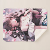 Bruine harige zeemeermin met roze bloemen in haar sherpa deken (Voorkant (horizontaal))