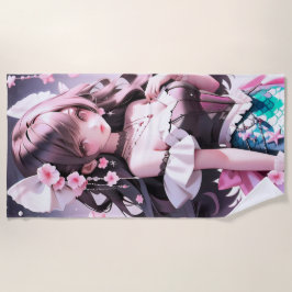 Bruine harige zeemeermin met roze bloemen in haar  strandlaken