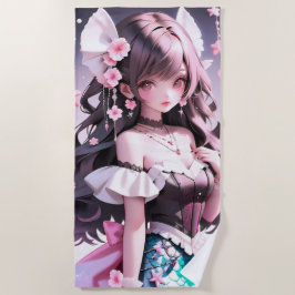 Bruine harige zeemeermin met roze bloemen in haar  strandlaken