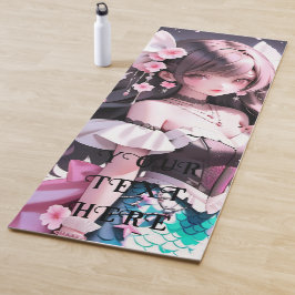 Bruine harige zeemeermin met roze bloemen in haar  yogamat