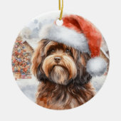 Bruine Havanese Hond met Santa Hat Kerstmis Keramisch Ornament (Voorkant)