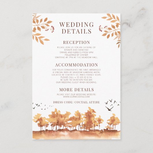 Bruine Herfst Herfstbomen Trouwdetails Kaarten (Voorkant)