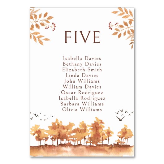 Bruine Herfst Landschapsbomen Trouwtafel Nummers Kaart (Voorkant)