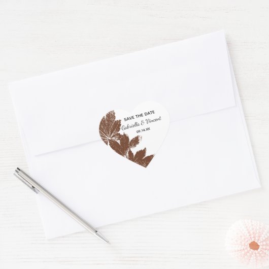 Bruine Herfst Leaf Stamp Wedding Save the Date Hart Sticker (Envelop)