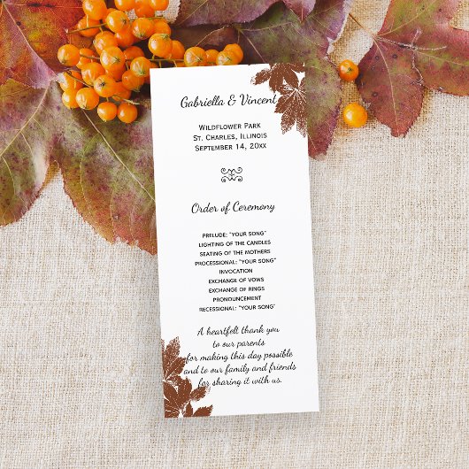Bruine Herfst Maple Leaf Stamp Wedding Programme Programmakaart