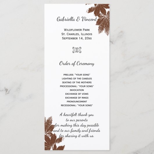 Bruine Herfst Maple Leaf Stamp Wedding Programme Programmakaart (Voorkant)