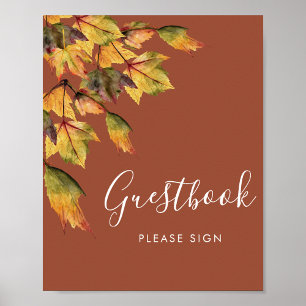 Bruine herfstbladeren trouwgastenboek poster