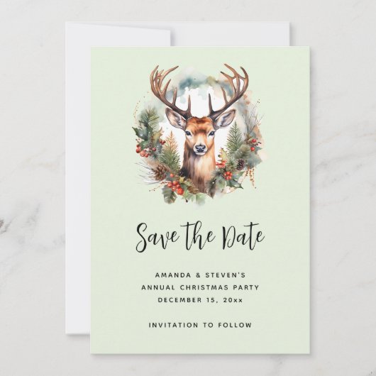 Bruine herten met gewei Rustic kerstfeest Save The Date (Voorkant)