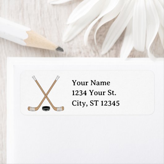 Bruine Hockeysticks en Puck Retouradres Etiket (Insitu)