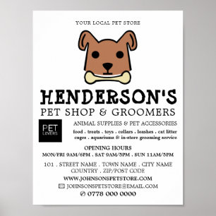 Bruine hond met beenderen, huisdierwinkel en bruin poster