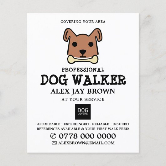 Bruine hond met Bone, Dog Walker Adverteren Flyer (Voorkant)
