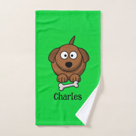 Bruine hond met bot gepersonaliseerd op groen handdoek
