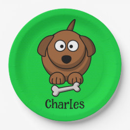 Bruine hond met bot gepersonaliseerd op groen papieren bordje