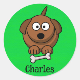 Bruine hond met bot gepersonaliseerd op groen ronde sticker