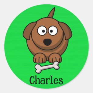 Bruine hond met bot gepersonaliseerd op groen ronde sticker