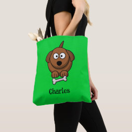 Bruine hond met bot gepersonaliseerd op groen tote bag