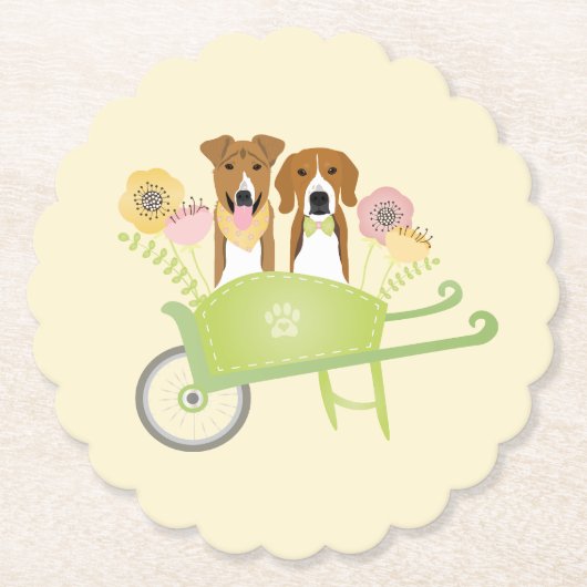 Bruine honden in wielbarroenbloemen kartonnen onderzetters (Voorkant)